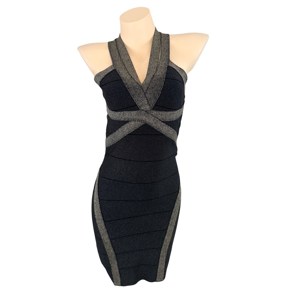 BEBE Night Out Glam Bandage Dress Black Gold Metallic Cross Back Size M